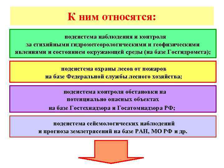 К ним относятся: подсистема наблюдения и контроля за стихийными гидрометеорологическими и геофизическими явлениями и