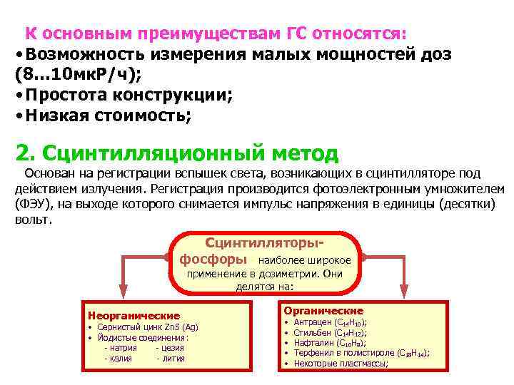 К основным преимуществам ГС относятся: • Возможность измерения малых мощностей доз (8… 10 мк.