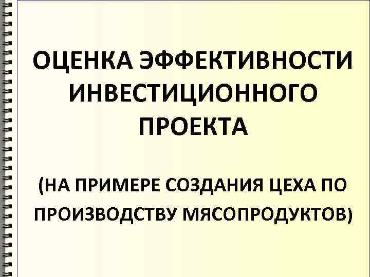 ОЦЕНКА ЭФФЕКТИВНОСТИ ИНВЕСТИЦИОННОГО ПРОЕКТА (НА ПРИМЕРЕ СОЗДАНИЯ ЦЕХА ПО ПРОИЗВОДСТВУ МЯСОПРОДУКТОВ) 