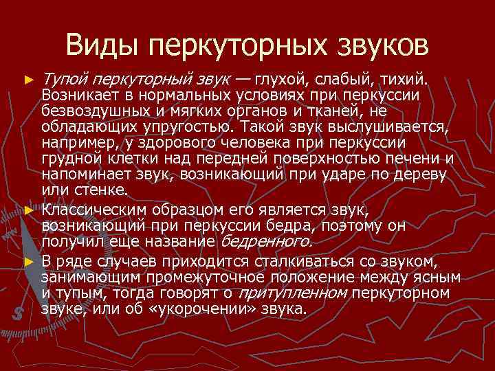 Виды перкуторных звуков ► Тупой перкуторный звук — глухой, слабый, тихий. Возникает в нормальных