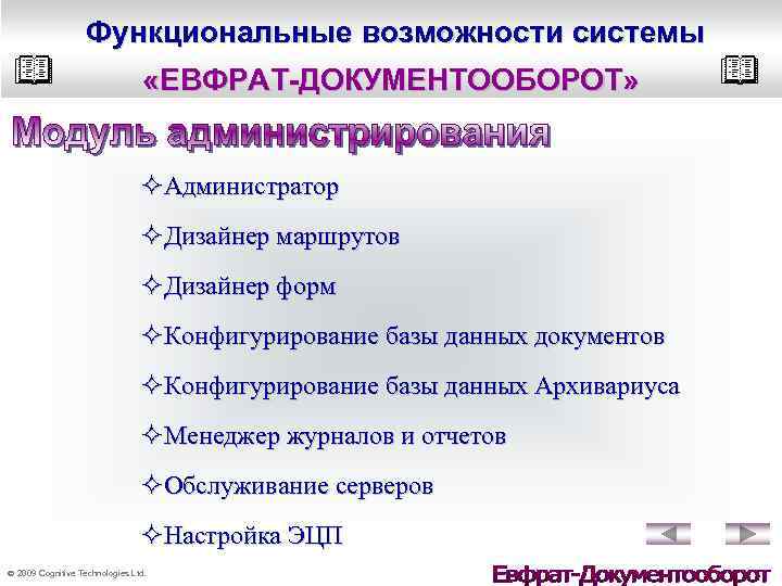 Функциональные возможности системы «ЕВФРАТ-ДОКУМЕНТООБОРОТ» ²Администратор ²Дизайнер маршрутов ²Дизайнер форм ²Конфигурирование базы данных документов ²Конфигурирование