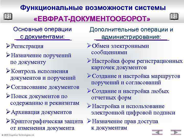 Функциональные возможности системы «ЕВФРАТ-ДОКУМЕНТООБОРОТ» Основные операции с документами: Дополнительные операции и администрирование: ØОбмен электронными