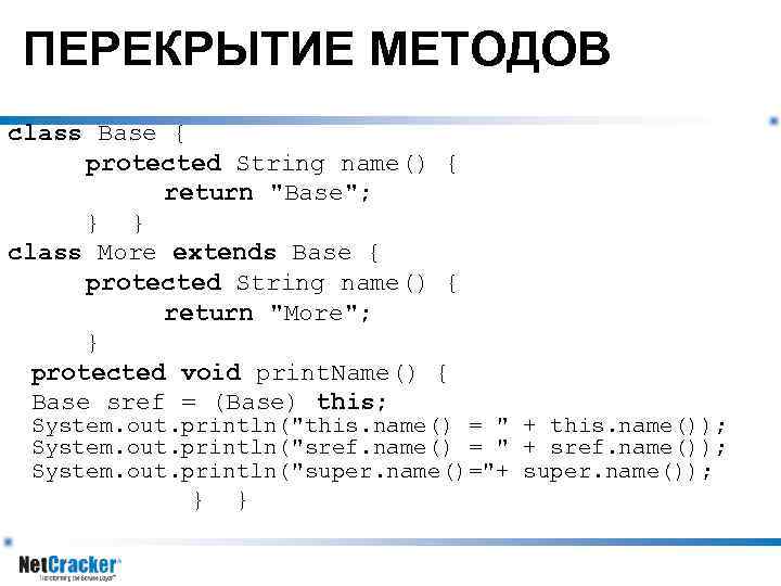 ПЕРЕКРЫТИЕ МЕТОДОВ class Base { protected String name() { return 