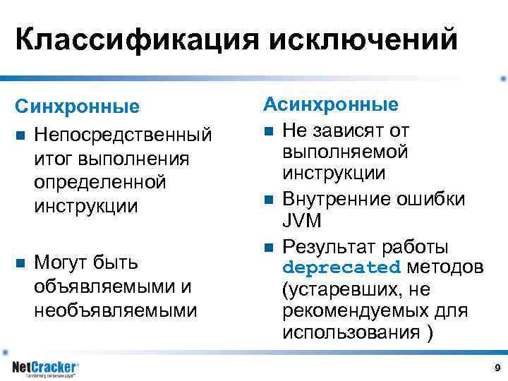 Классификация исключений Синхронные n Непосредственный итог выполнения определенной инструкции n Могут быть объявляемыми и
