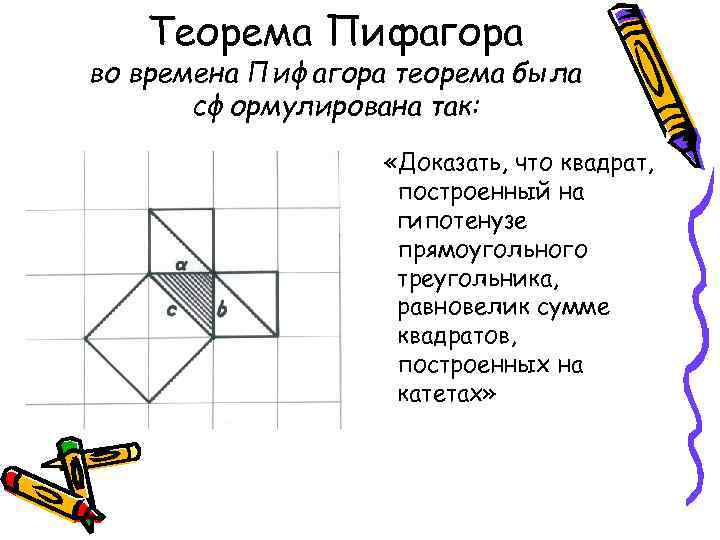 Теорема Пифагора во времена Пифагора теорема была сформулирована так: «Доказать, что квадрат, построенный на