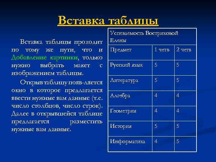 Вставка таблицы проходит по тому же пути, что и Добавление картинки, только нужно выбрать