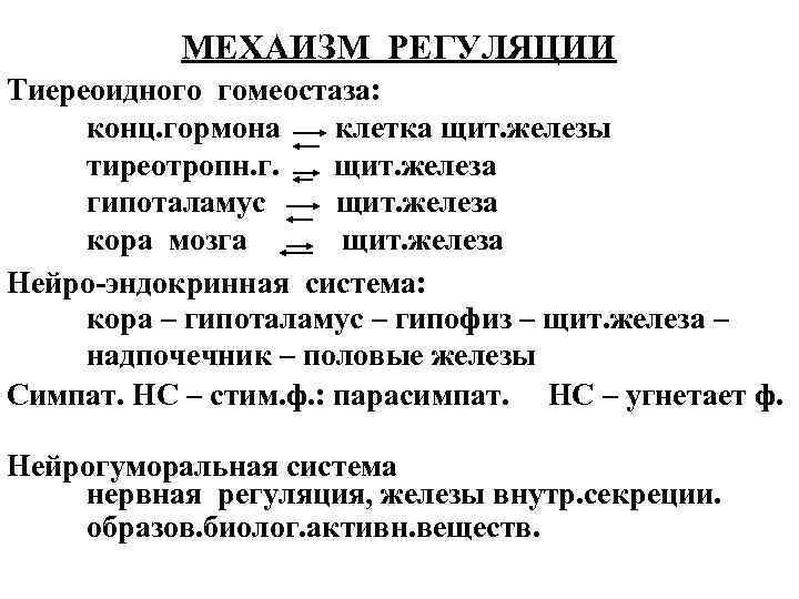 МЕХАИЗМ РЕГУЛЯЦИИ Тиереоидного гомеостаза: конц. гормона клетка щит. железы тиреотропн. г. щит. железа гипоталамус