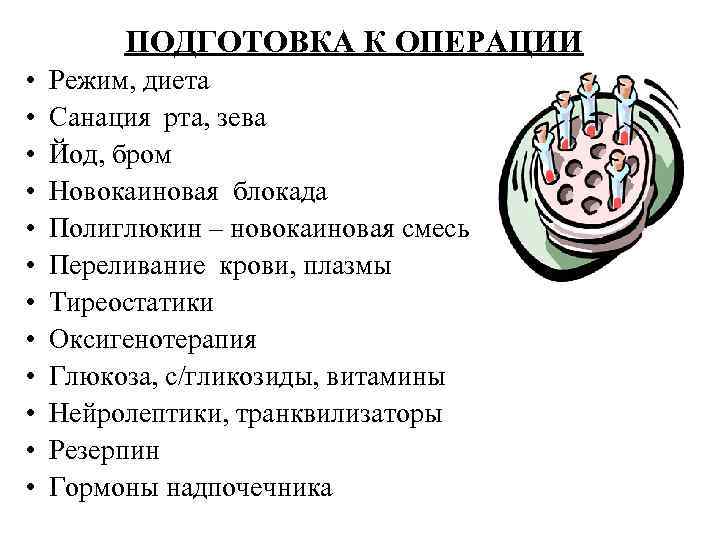 ПОДГОТОВКА К ОПЕРАЦИИ • • • Режим, диета Санация рта, зева Йод, бром Новокаиновая