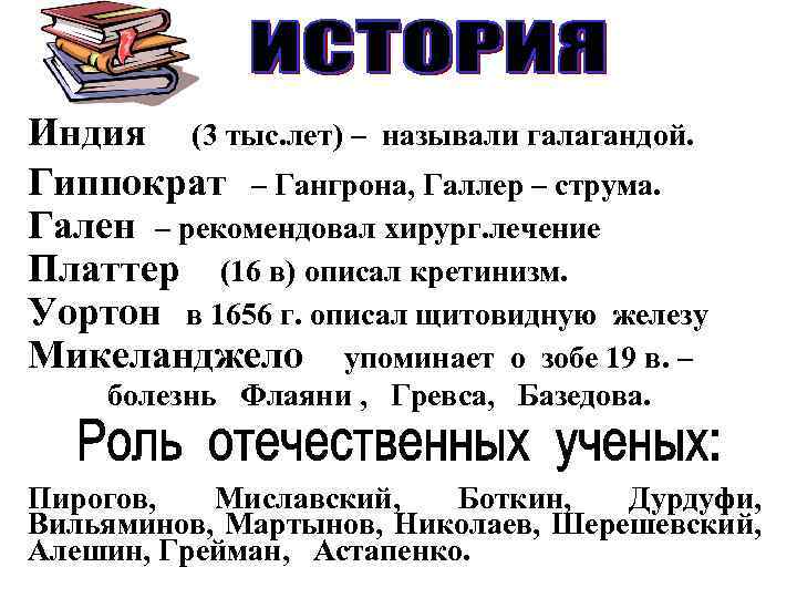 Индия (3 тыс. лет) – называли галагандой. Гиппократ – Гангрона, Галлер – струма. Гален