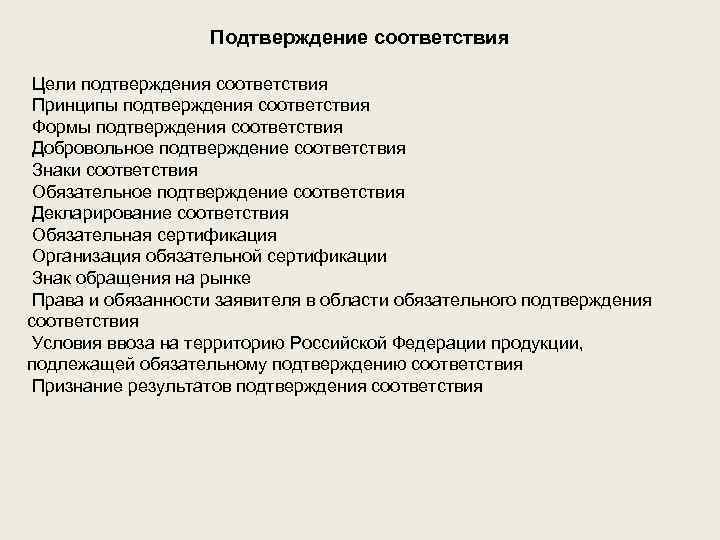 Подтверждение соответствия Цели подтверждения соответствия Принципы подтверждения соответствия Формы подтверждения соответствия Добровольное подтверждение соответствия