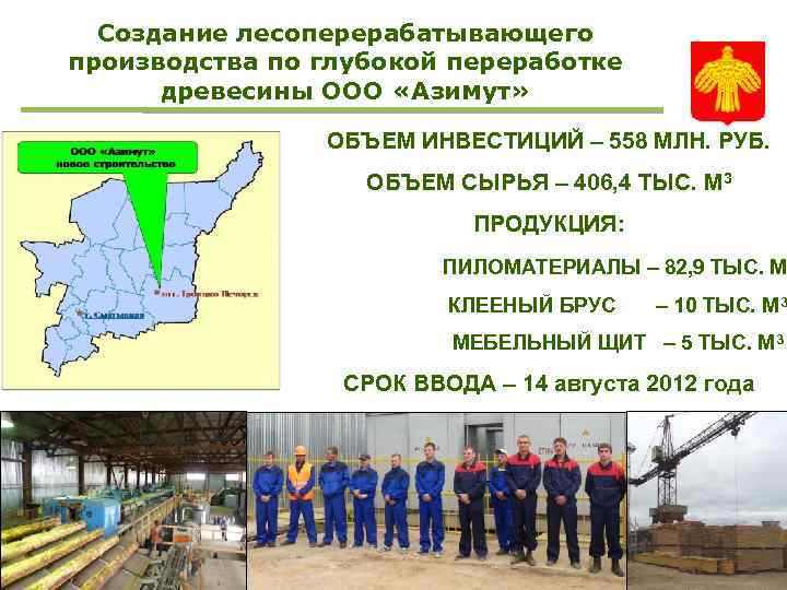 Создание лесоперерабатывающего производства по глубокой переработке древесины ООО «Азимут» ОБЪЕМ ИНВЕСТИЦИЙ – 558 МЛН.