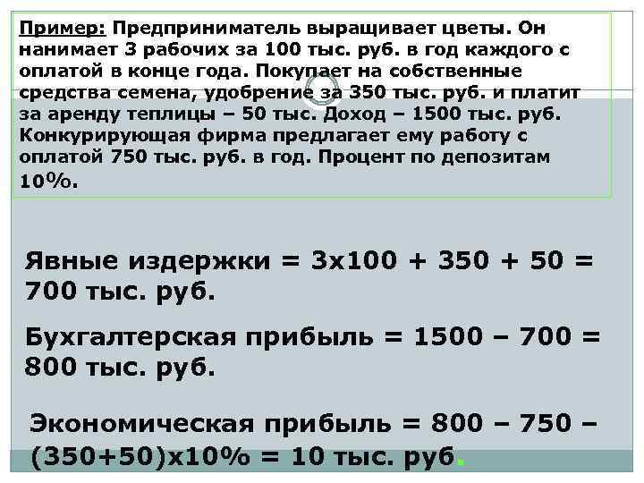 Пример: Предприниматель выращивает цветы. Он нанимает 3 рабочих за 100 тыс. руб. в год