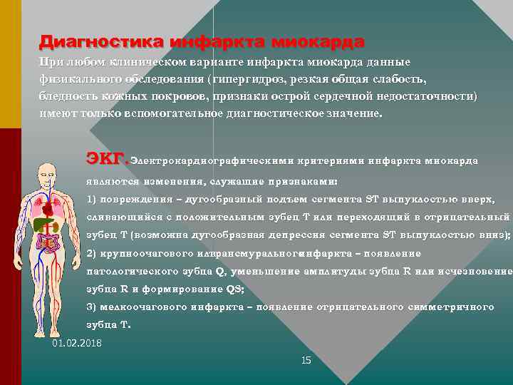 Диагностика инфаркта миокарда При любом клиническом варианте инфаркта миокарда данные физикального обследования (гипергидроз, резкая