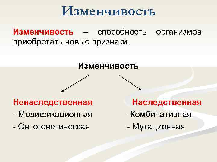 Изменчивость – способность приобретать новые признаки. организмов Изменчивость Ненаследственная - Модификационная - Онтогенетическая Наследственная