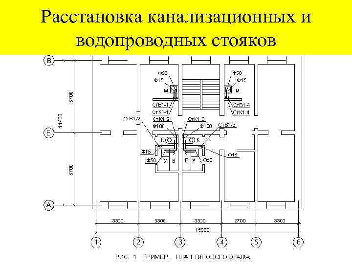 Расстановка канализационных и водопроводных стояков 