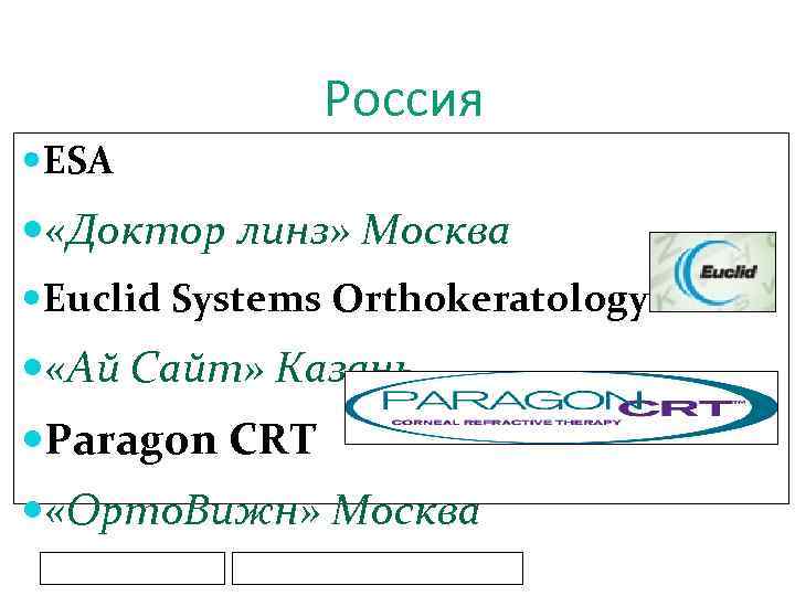 Россия ESA «Доктор линз» Москва Euclid Systems Orthokeratology «Ай Сайт» Казань Paragon CRT «Орто.