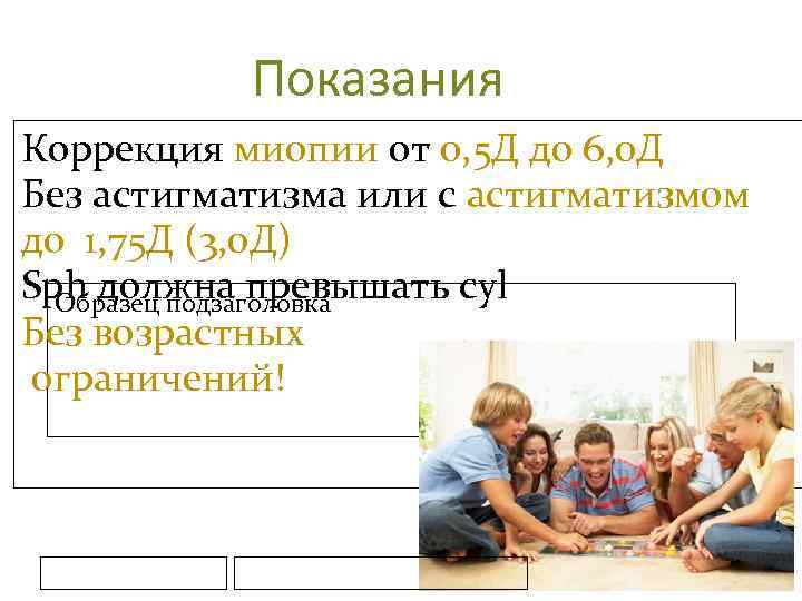 Показания Коррекция миопии от 0, 5 Д до 6, 0 Д Без астигматизма или
