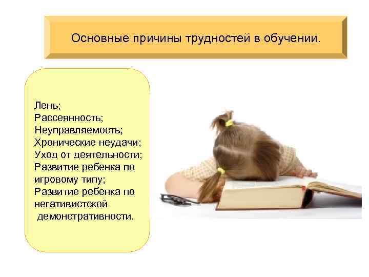 Основные причины трудностей в обучении. Лень; Рассеянность; Неуправляемость; Хронические неудачи; Уход от деятельности; Развитие