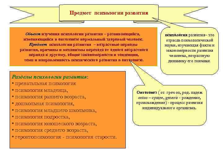 Предмет психологии развития Объект изучения психологии развития – развивающийся, изменяющийся в онтогенезе нормальный здоровый