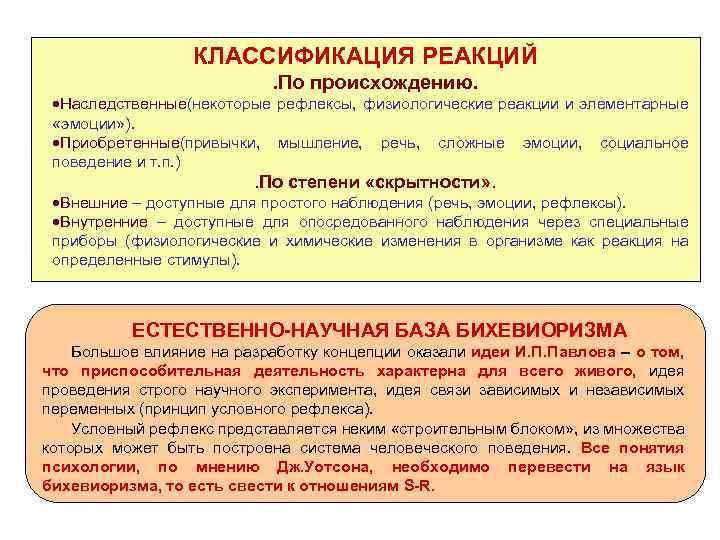 КЛАССИФИКАЦИЯ РЕАКЦИЙ. По происхождению. ·Наследственные(некоторые рефлексы, физиологические реакции и элементарные «эмоции» ). ·Приобретенные(привычки, мышление,