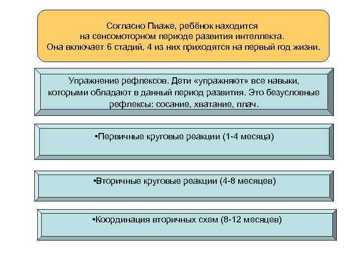Согласно Пиаже, ребёнок находится на сенсомоторном периоде развития интеллекта. Она включает 6 стадий, 4