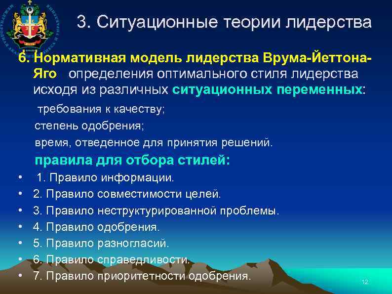 3. Ситуационные теории лидерства 6. Нормативная модель лидерства Врума-Йеттона. Яго определения оптимального стиля лидерства