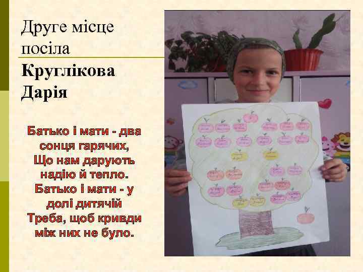 Друге місце посіла Круглікова Дарія Батько і мати - два сонця гарячих, Що нам