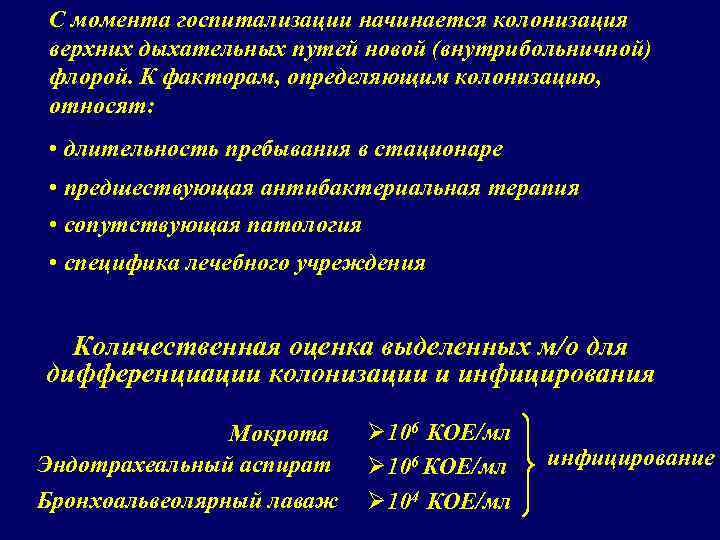 С момента госпитализации начинается колонизация верхних дыхательных путей новой (внутрибольничной) флорой. К факторам, определяющим