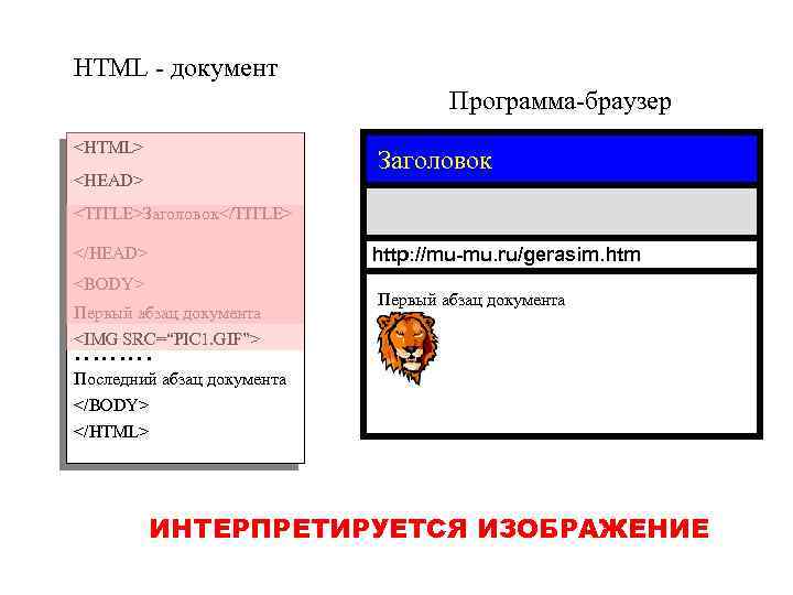 HTML - документ Программа-браузер <HTML> Заголовок <HEAD> <TITLE>Заголовок</TITLE> </HEAD> http: //mu-mu. ru/gerasim. htm <BODY>