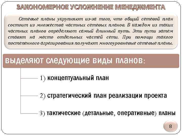 ЗАКОНОМЕРНОЕ УСЛОЖНЕНИЕ МЕНЕДЖМЕНТА Сетевые планы укрупняют из-за того, что общий сетевой план состоит из