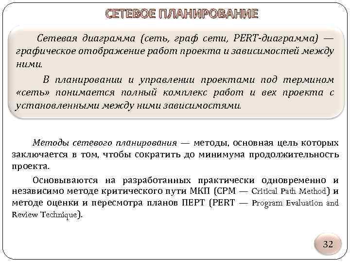 СЕТЕВОЕ ПЛАНИРОВАНИЕ Сетевая диаграмма (сеть, граф сети, PERT-диаграмма) — графическое отображение работ проекта и