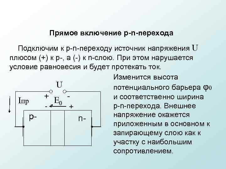 Прямое включение p-n-перехода Подключим к p n переходу источник напряжения U плюсом (+) к