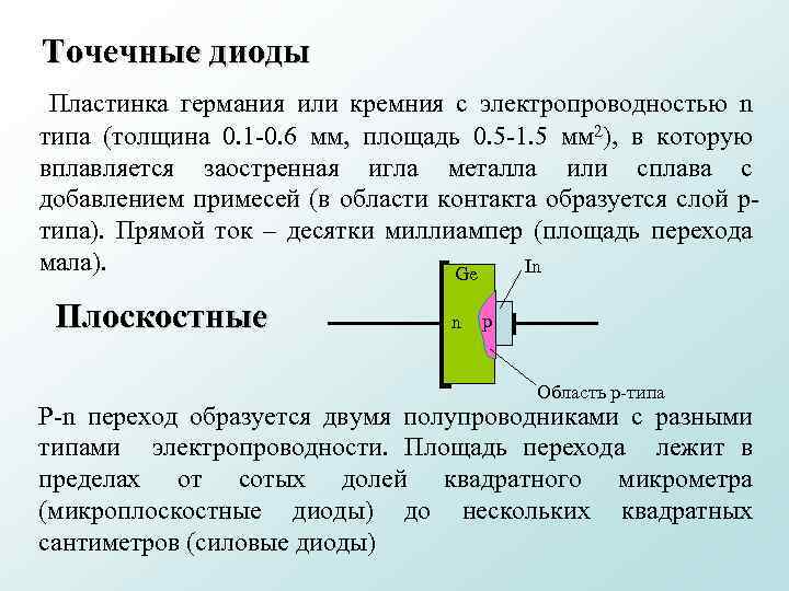 Точечные диоды Пластинка германия или кремния с электропроводностью n типа (толщина 0. 1 -0.