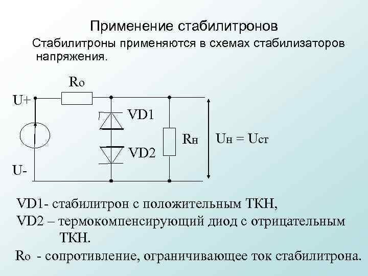 Применение стабилитронов Стабилитроны применяются в схемах стабилизаторов напряжения. Rо U+ VD 1 VD 2