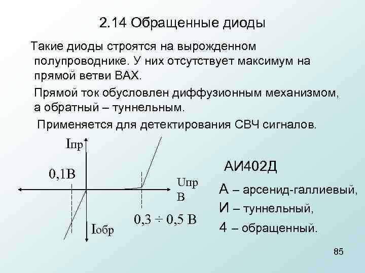 2. 14 Обращенные диоды Такие диоды строятся на вырожденном полупроводнике. У них отсутствует максимум