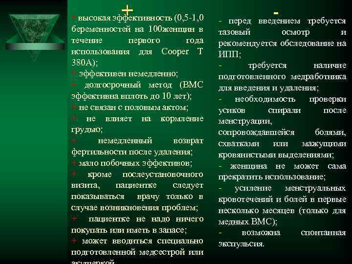 + + высокая эффективность (0, 5 -1, 0 беременностей на 100 женщин в течение