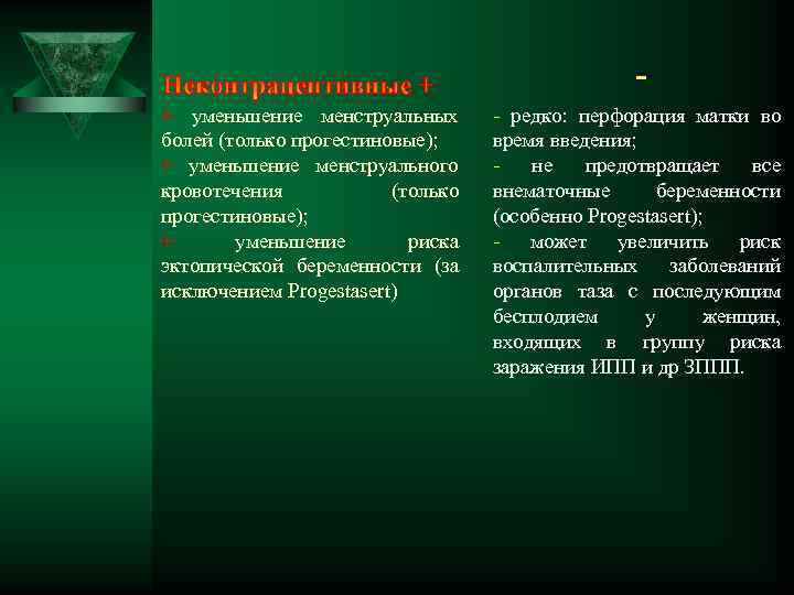 + уменьшение менструальных болей (только прогестиновые); + уменьшение менструального кровотечения (только прогестиновые); + уменьшение