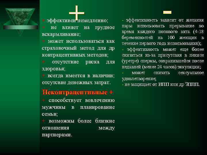 + + эффективен немедленно; + не влияет на грудное вскармливание; + может использоваться как