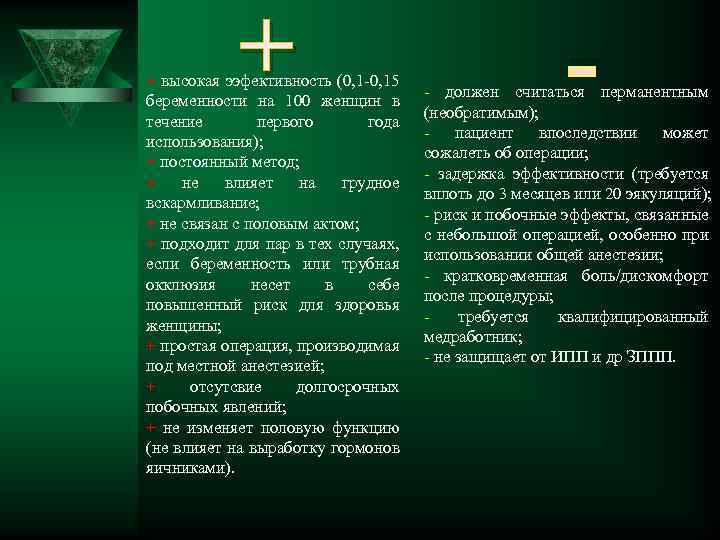 + + высокая ээфективность (0, 1 -0, 15 беременности на 100 женщин в течение