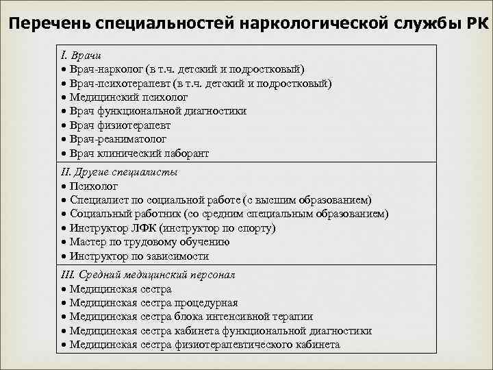 Перечень специальностей наркологической службы РК I. Врачи Врач-нарколог (в т. ч. детский и подростковый)