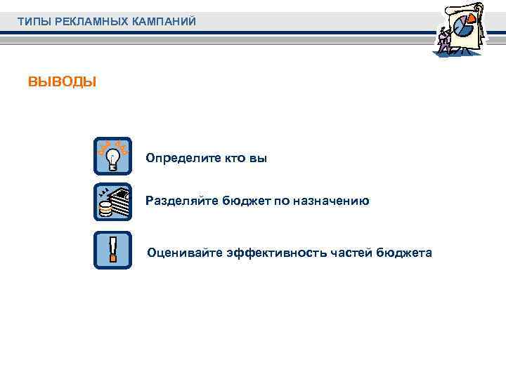 ТИПЫ РЕКЛАМНЫХ КАМПАНИЙ ВЫВОДЫ Определите кто вы Разделяйте бюджет по назначению Оценивайте эффективность частей