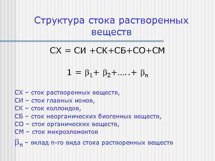 Структура стока растворенных веществ СХ = СИ +СК+СБ+СО+СМ 1 = 1+ 2+…. . +