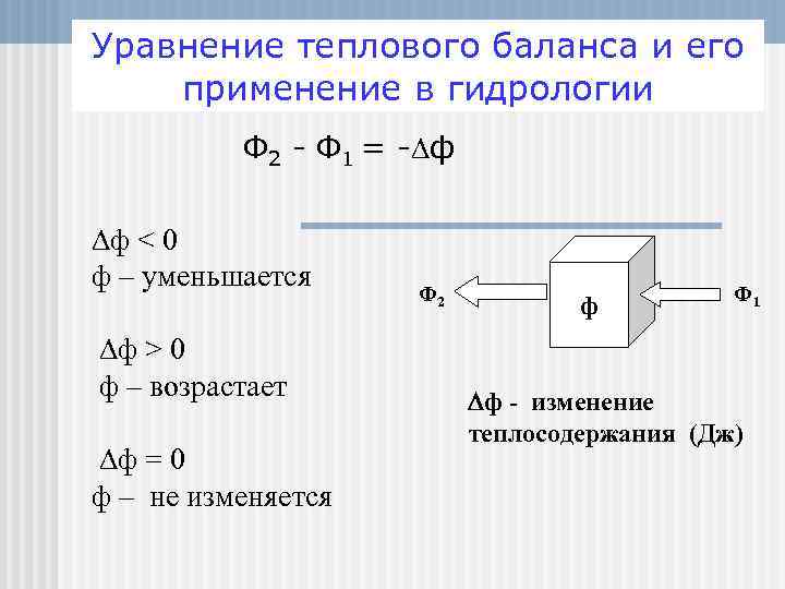 Уравнение теплового баланса и его применение в гидрологии Ф 2 - Ф 1 =
