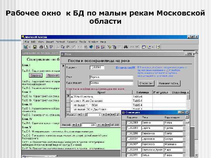 Рабочее окно к БД по малым рекам Московской области 