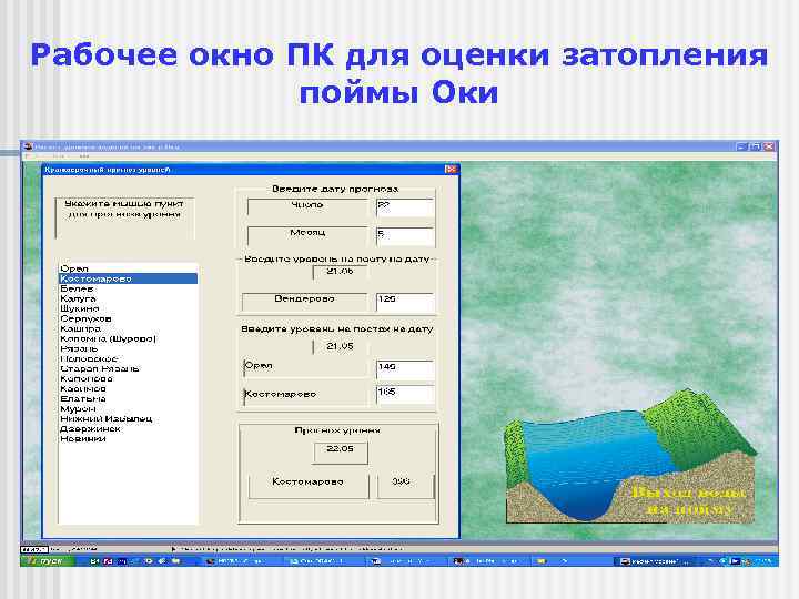 Рабочее окно ПК для оценки затопления поймы Оки 