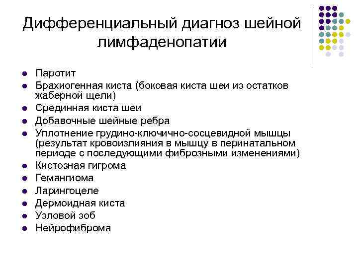 Дифференциальный диагноз шейной лимфаденопатии l l l Паротит Брахиогенная киста (боковая киста шеи из