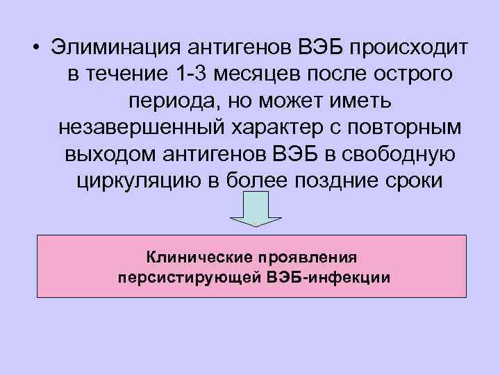  • Элиминация антигенов ВЭБ происходит в течение 1 -3 месяцев после острого периода,