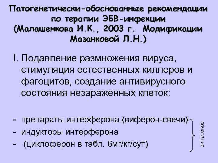 Патогенетически-обоснованные рекомендации по терапии ЭБВ-инфекции (Малашенкова И. К. , 2003 г. Модификации Мазанковой Л.
