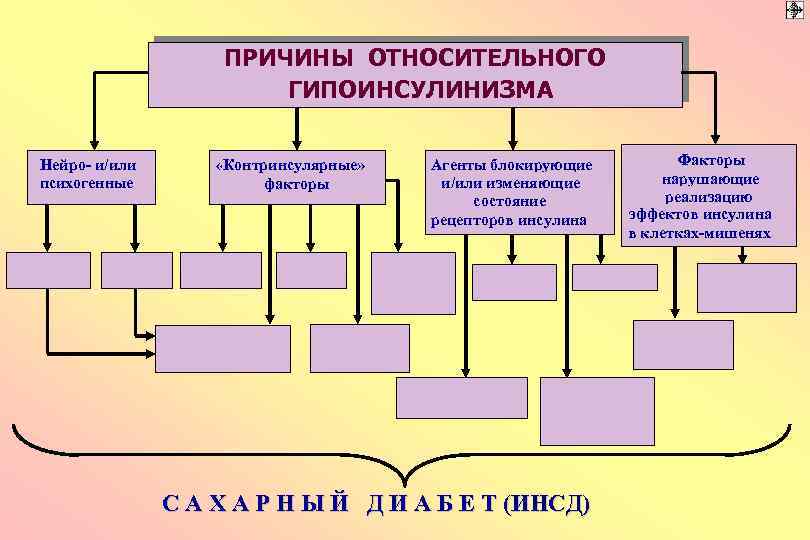 ПРИЧИНЫ ОТНОСИТЕЛЬНОГО ГИПОИНСУЛИНИЗМА Нейро- и/или психогенные «Контринсулярные» факторы Агенты блокирующие и/или изменяющие состояние рецепторов