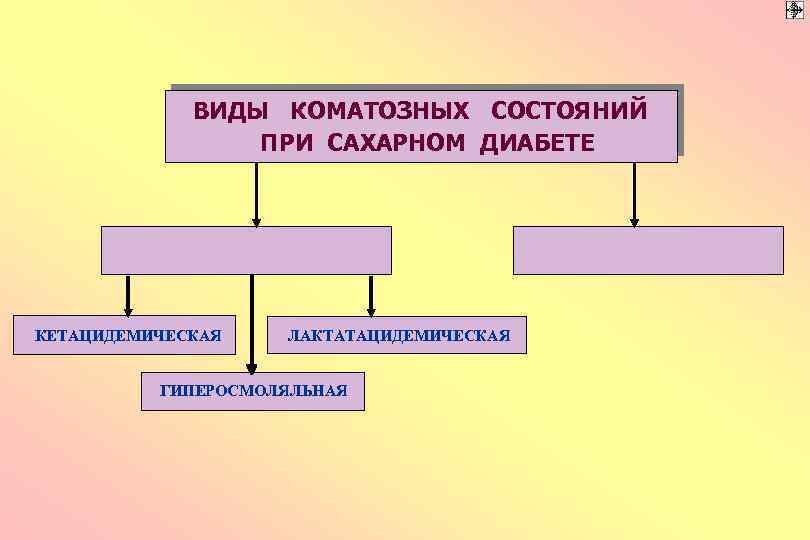 ВИДЫ КОМАТОЗНЫХ СОСТОЯНИЙ ПРИ САХАРНОМ ДИАБЕТЕ КЕТАЦИДЕМИЧЕСКАЯ ЛАКТАТАЦИДЕМИЧЕСКАЯ ГИПЕРОСМОЛЯЛЬНАЯ 